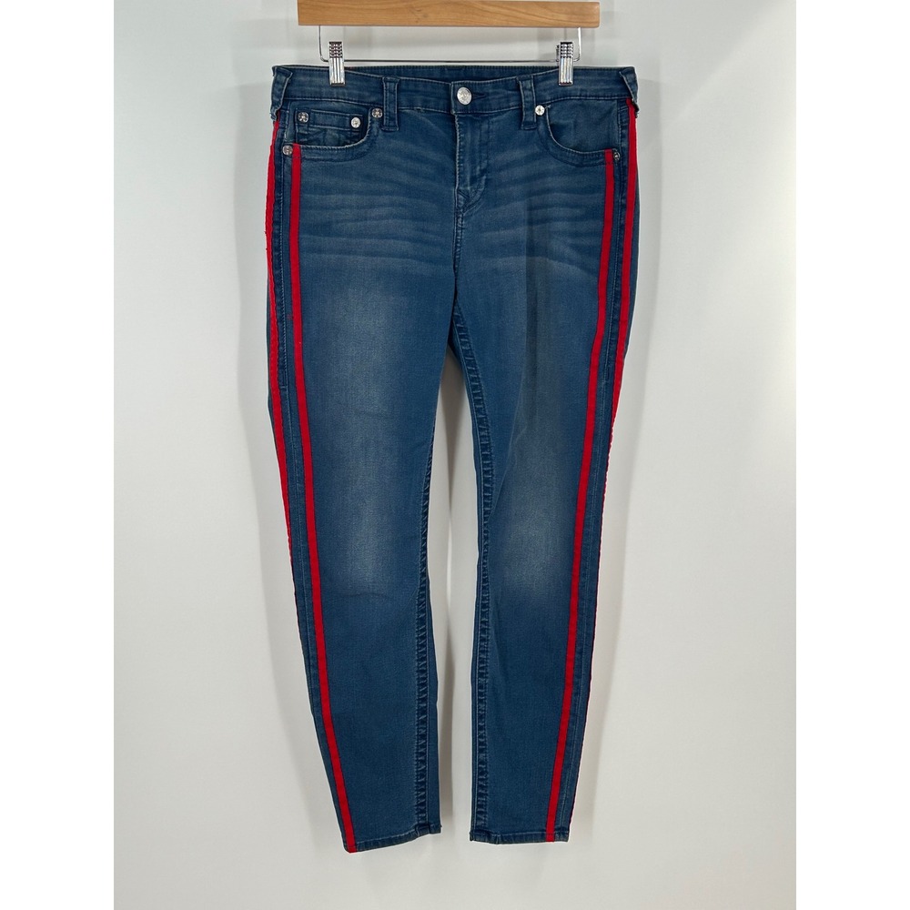 True Religion Super Skinny Jeans Blue Denim Red Side Stripe Womens Size 33